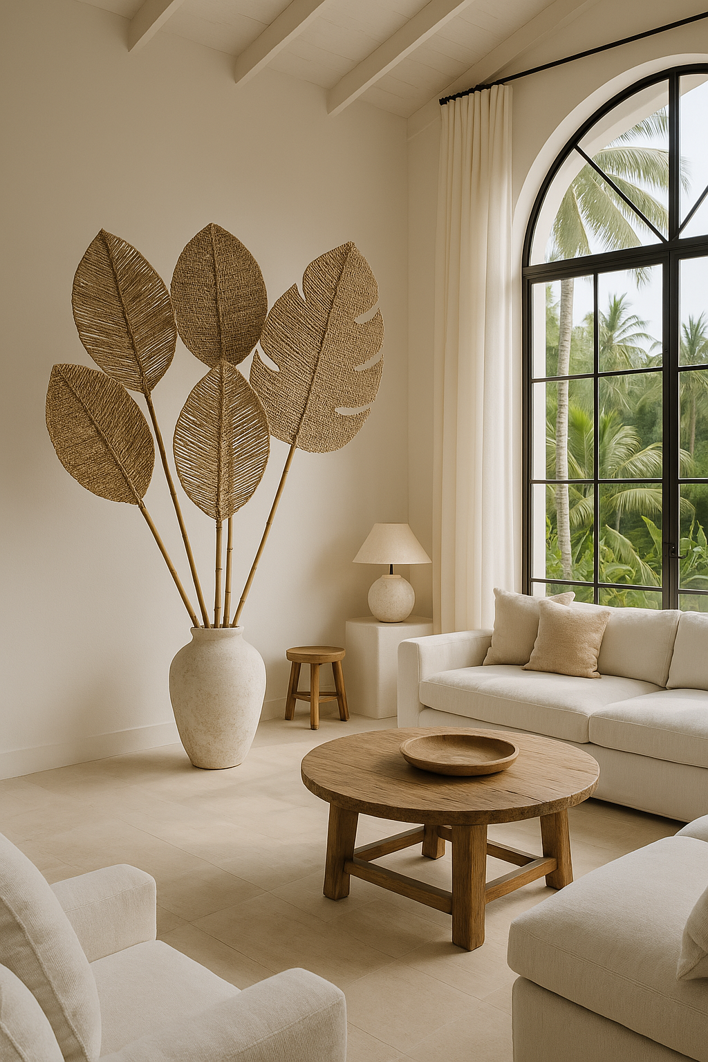 Handmade Decorative Leaf - Natural woven Wall or Floor Accent with Bamboo Stem