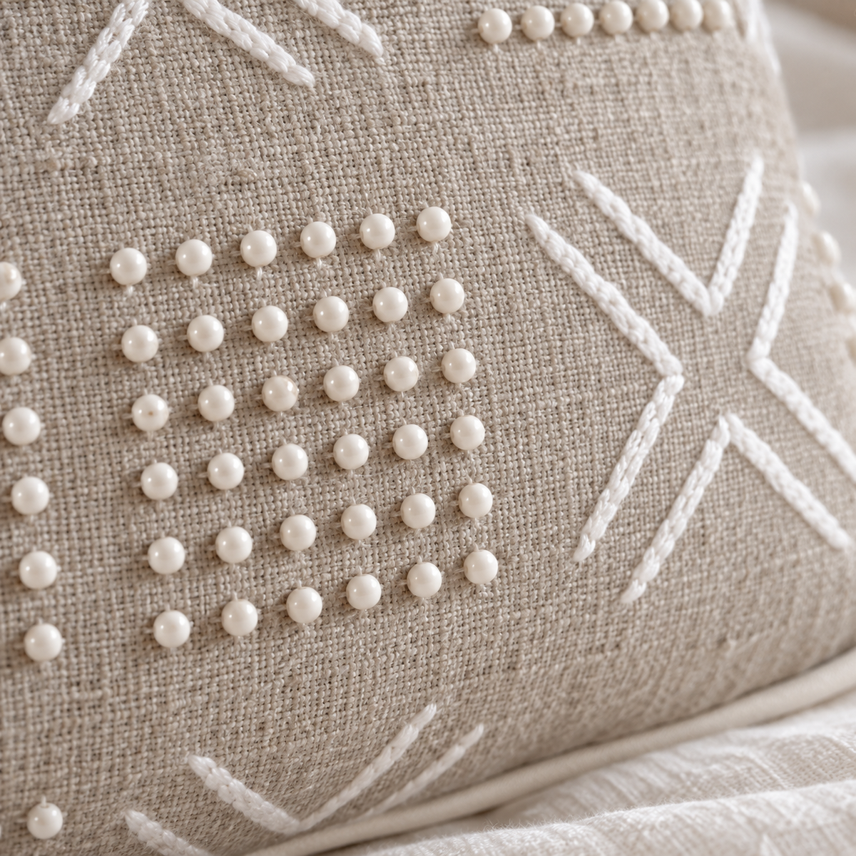 White Mudcloth Beaded & Embroidered Linen Pillow Cover