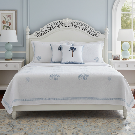 Imperial Palm Linen Pillow – Blue