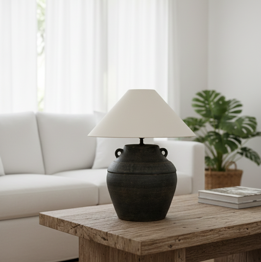 Moira Hand-Etched Terracotta Lamp with Tapered Pedestal Base