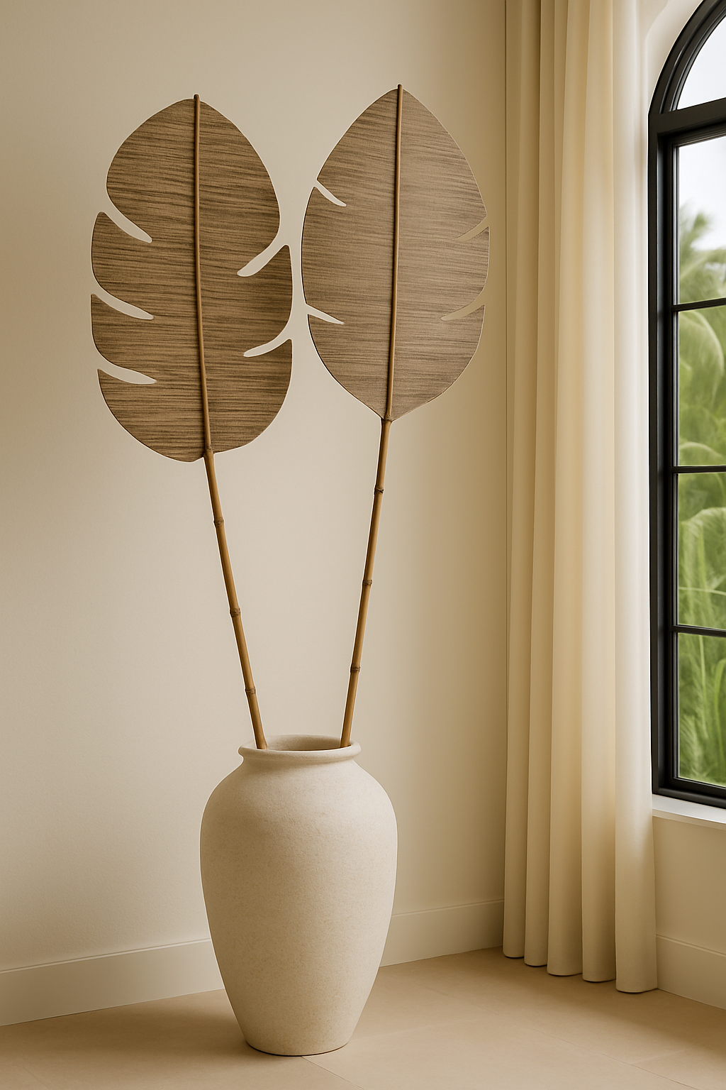 Handmade Decorative Leaf - Natural woven Wall or Floor Accent with Bamboo Stem