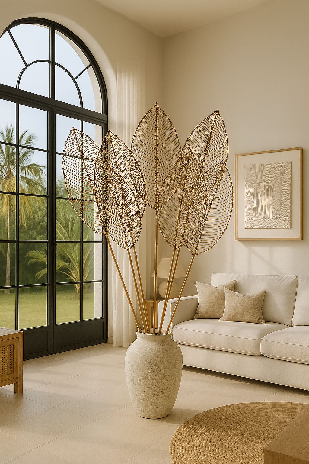 Handmade Hibiscus Leaf - Natural Woven Wall or Floor Accent with bamboo stem