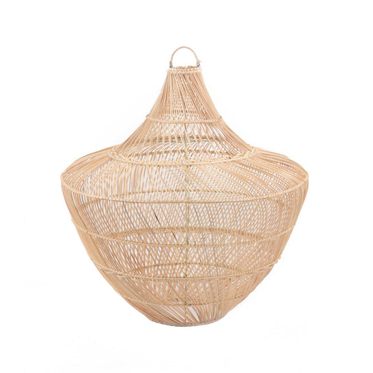 A beige rattan lamp pendant with a metal frame, designed for ceiling mounting.