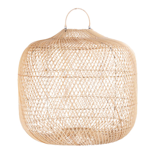 A beige rattan lamp pendant with a metal frame, designed to be hung from the ceiling.