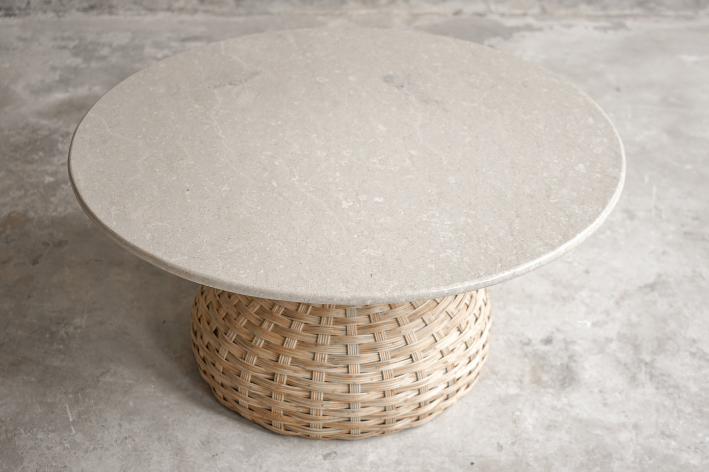 Sabine Coffee Table | Round Marble Top with Rattan & Solid Wood Frame