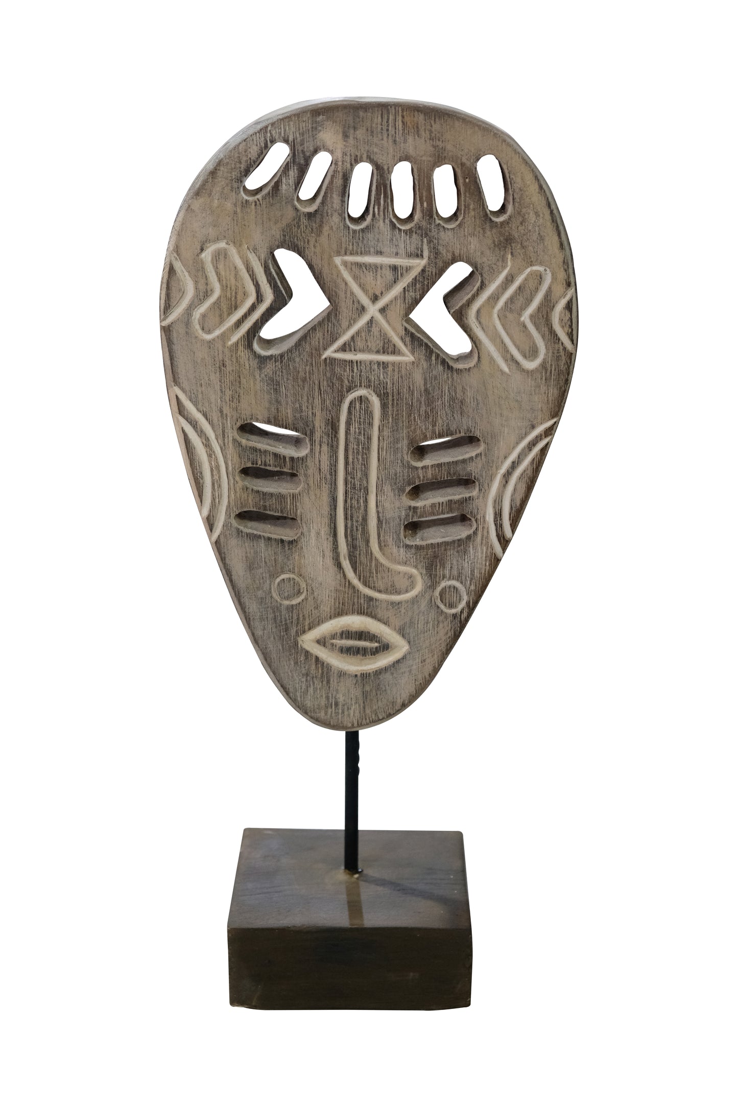 Karna Tribal Deco on Stand – Suarwood Sculpture with Metal Base