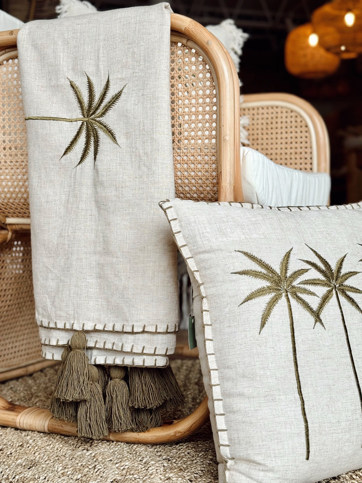 Lillian Palm Tree Hand-Woven Linen Pillow Cover