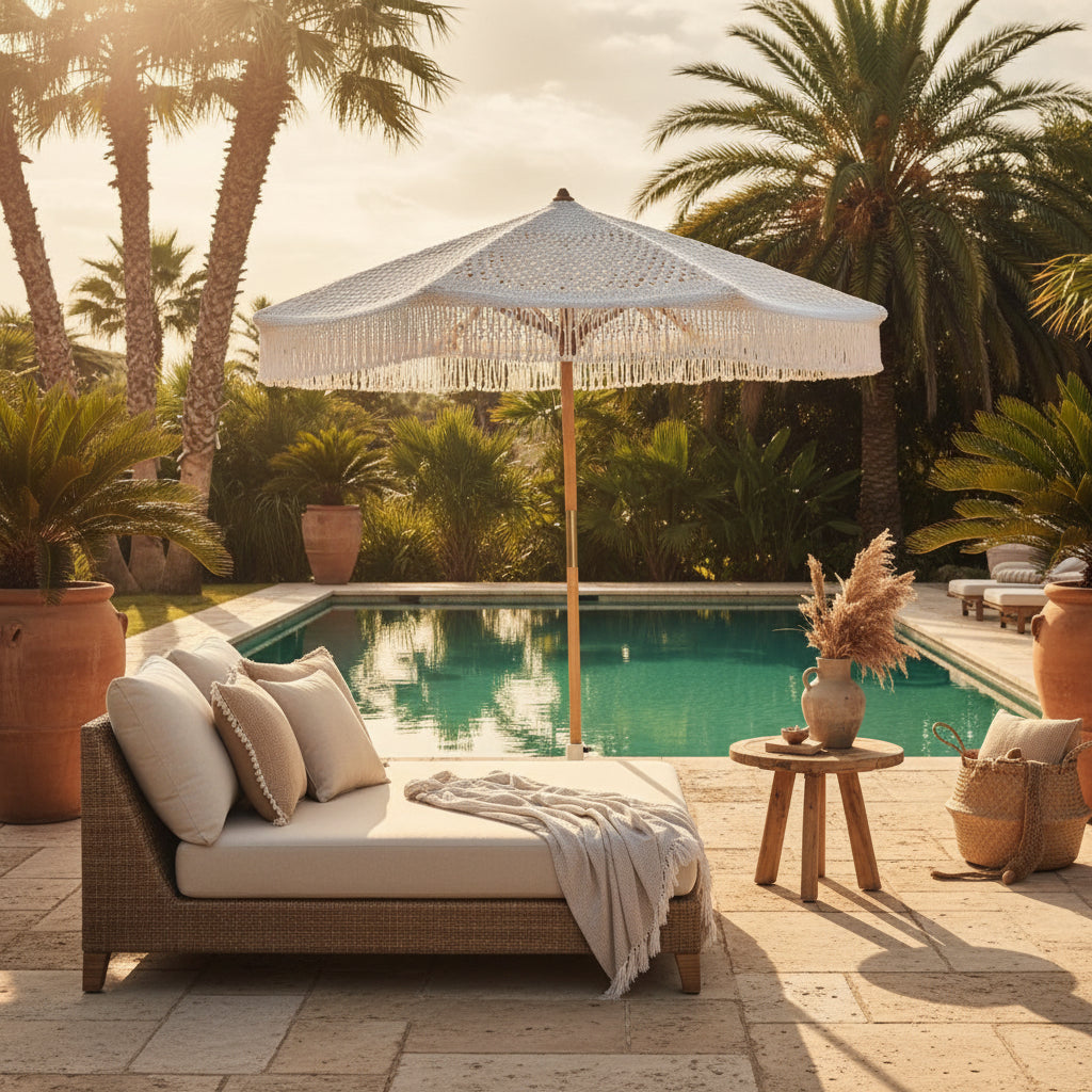 White wicker patio umbrella on a white background