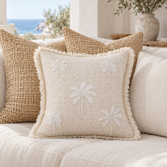White Nora Handmade Cotton Palm Cluster Pillow Cover