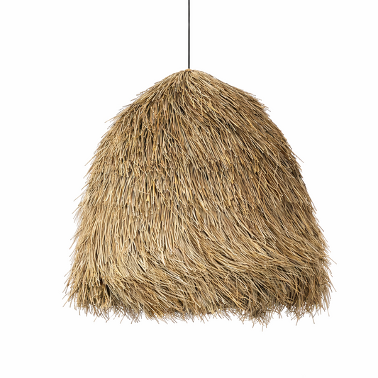 Textured pendant light hanging against a white background