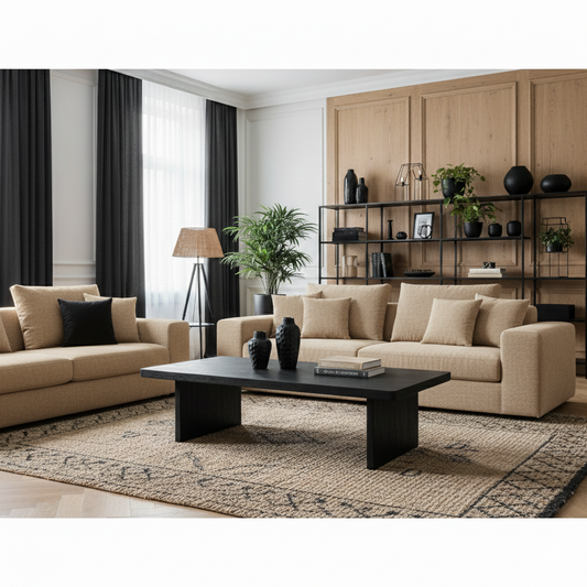 Modern living room with beige sectional sofa, black coffee table, and decorative elements.