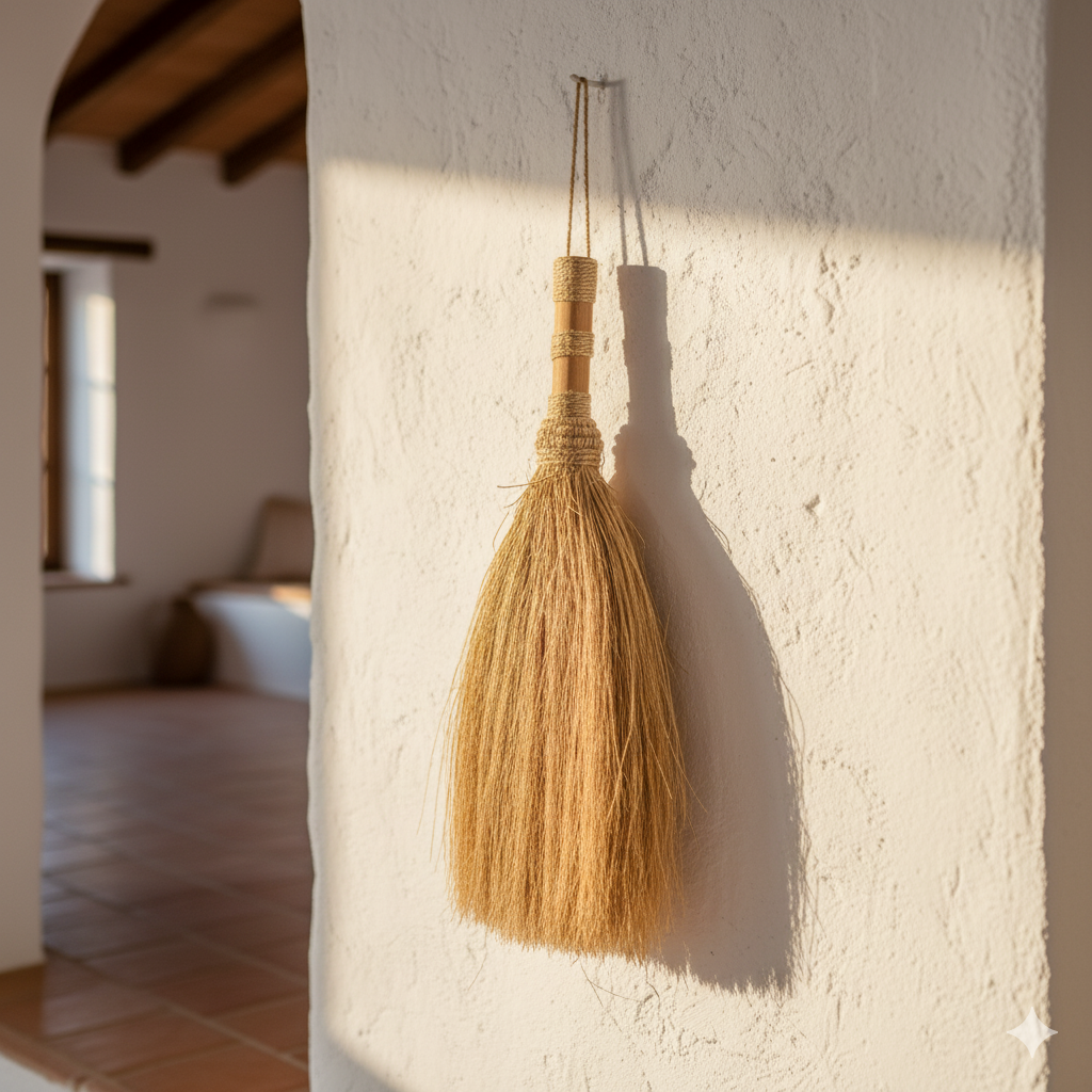 Broom hanging on a textured wall with a softly lit room in the background