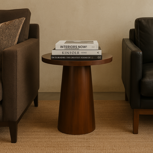 Round wooden side table with books in a living room setting