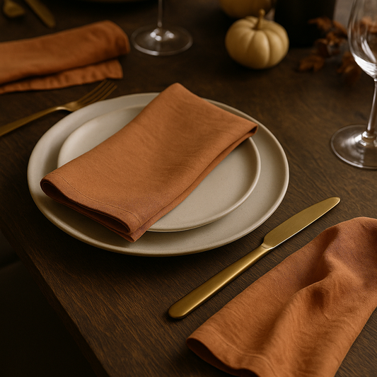 Dining table setting with brown napkins, white plates, gold cutlery, and pumpkins.