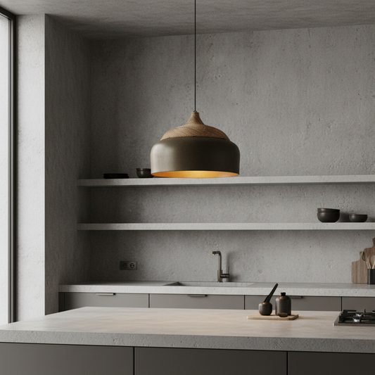 Modern kitchen with concrete walls, pendant light, and minimal decor.