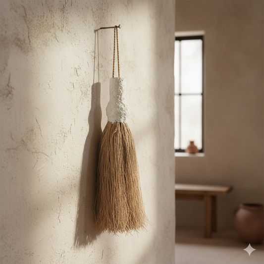 Decorative broom hanging on a textured wall with a blurred room in the background