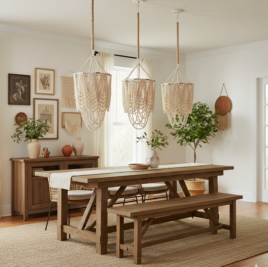 Dining room with wooden table and bench, decorative lights, and plants.