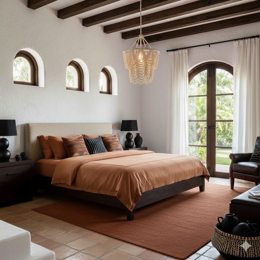Modern bedroom with a bed, lamps, and a chandelier.