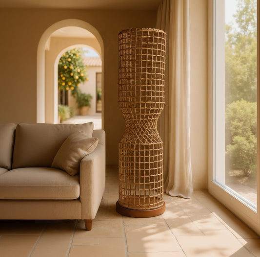 Woven rattan floor lamp in a living room setting with a couch and window.