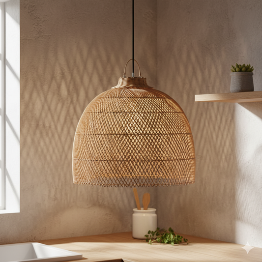 Woven pendant light hanging in a room with a neutral color palette