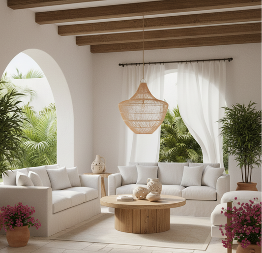 Modern living room with white sofas, wooden coffee table, and decorative plants.
