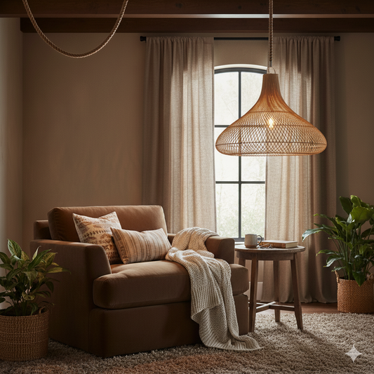 Cozy living room with a brown armchair, woven lamp, and plants.
