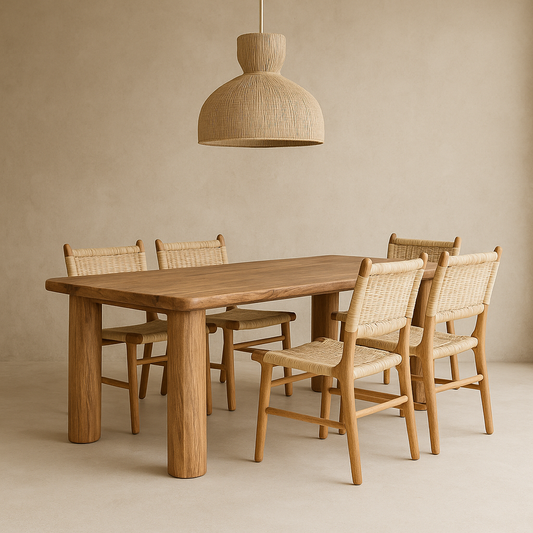 Wooden dining table with four matching chairs under a woven pendant light in a neutral setting.