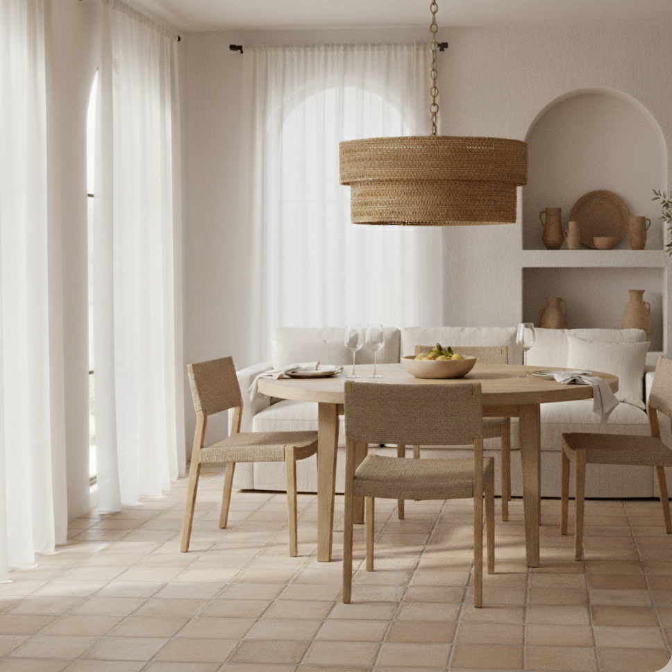Dining room with wooden table and chairs, wicker pendant light, and white curtains.