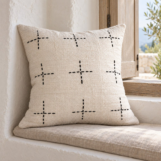 Lalabella Raw Pillow Cushion Cover – White with Black Hand-Stitched Cross