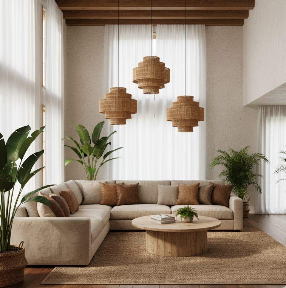 Modern living room with beige sectional sofa, wooden coffee table, and decorative plants.
