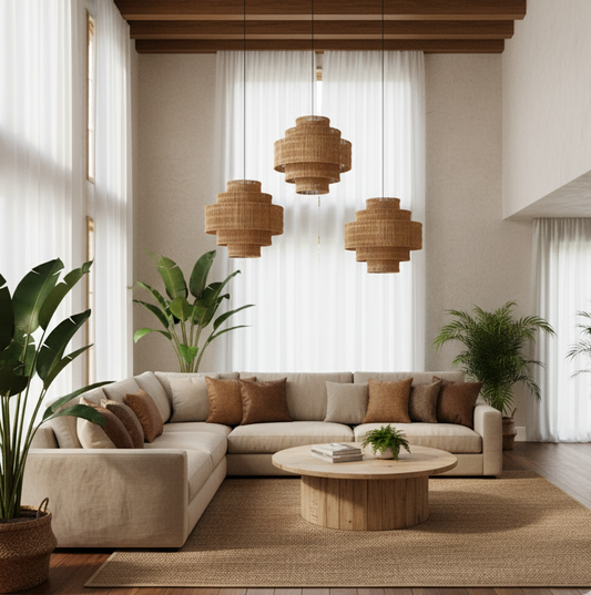 Modern living room with beige sectional sofa, wooden coffee table, and decorative plants.