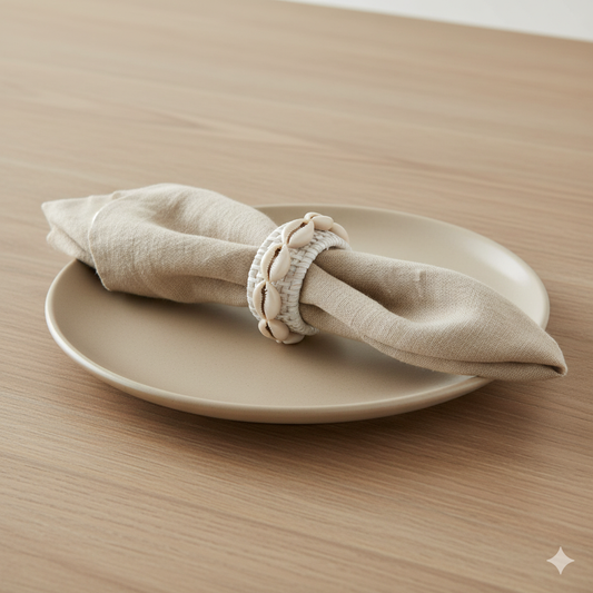 Beige napkin folded on a beige plate with a beige ring on a wooden surface
