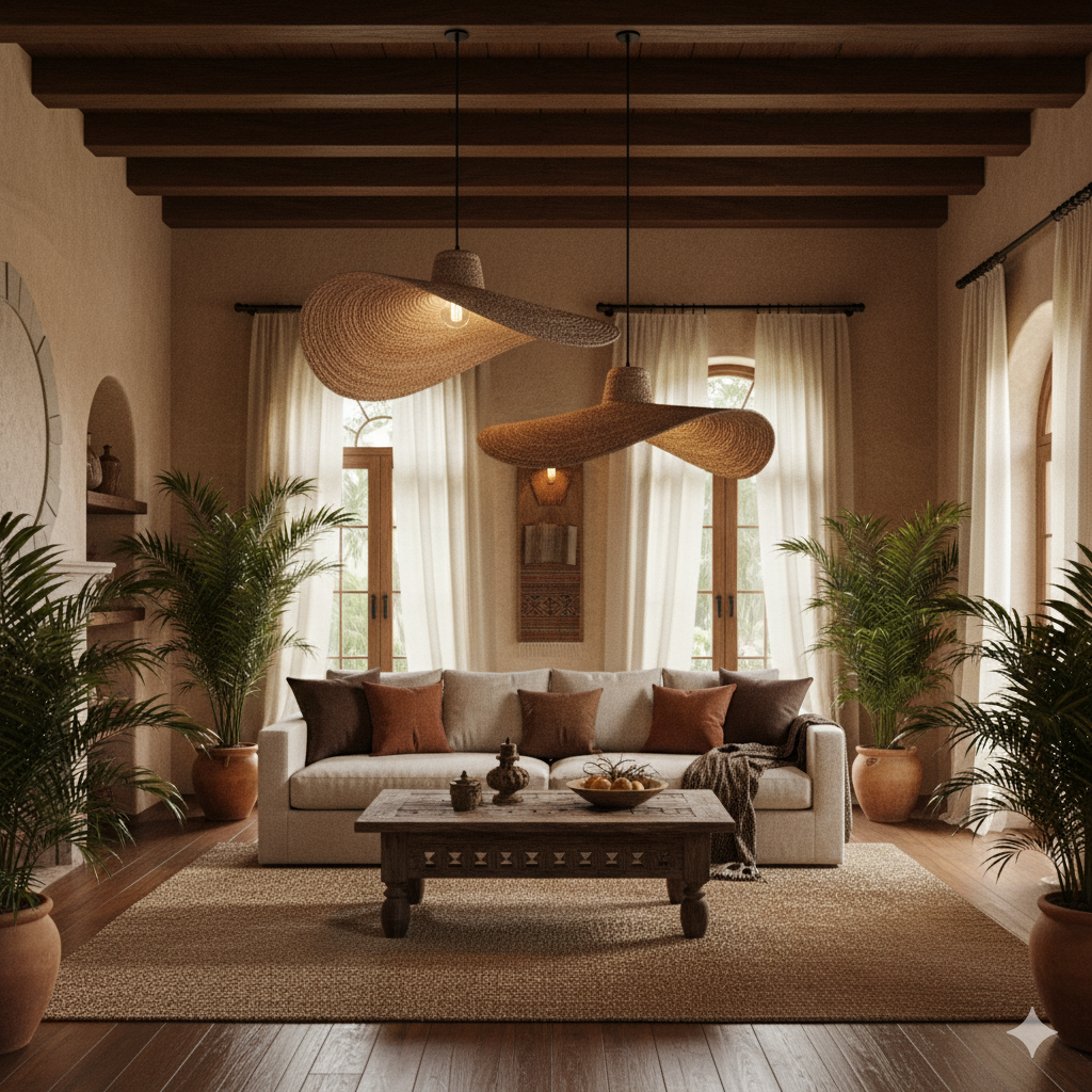 Cozy living room with beige sofa, wooden coffee table, and decorative plants.