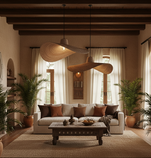 Cozy living room with beige sofa, wooden coffee table, and decorative plants.