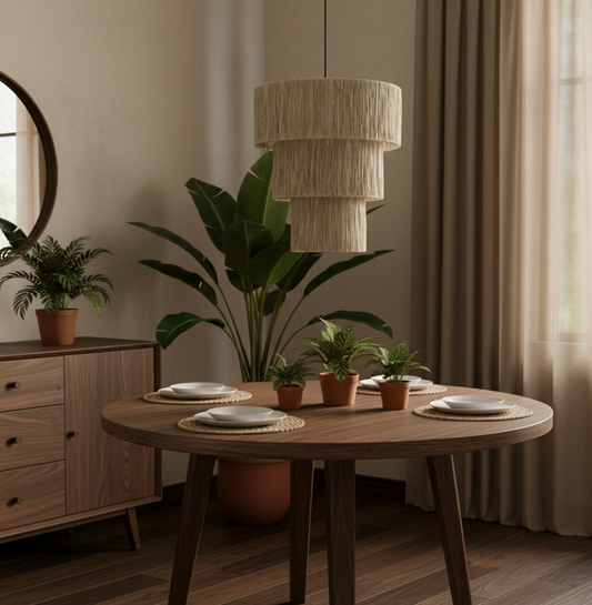 Dining room with wooden table, potted plants, and layered pendant light.