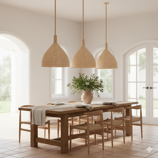 Dining room with wooden table and chairs, wicker pendant lights, and a vase with greenery.