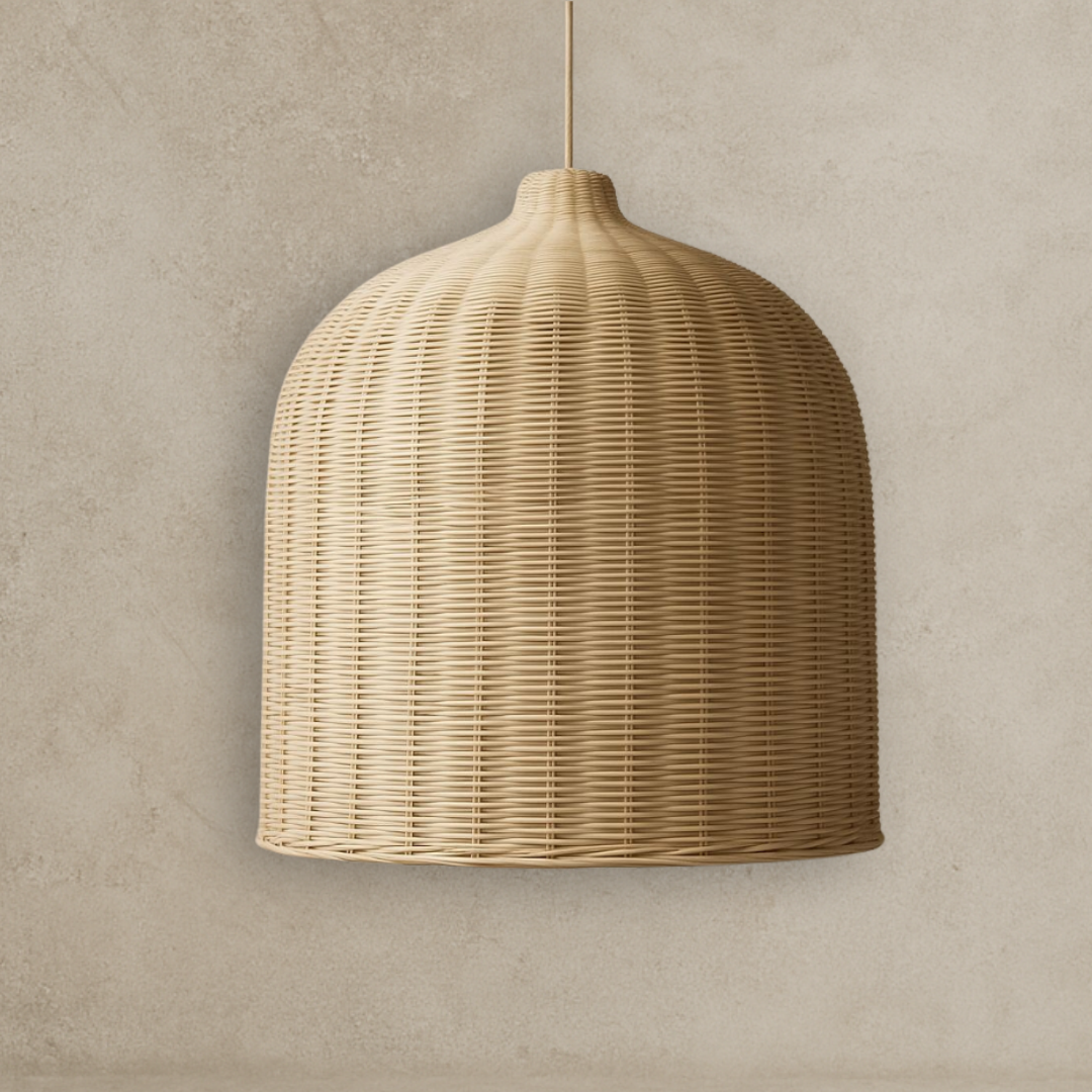 Woven pendant light against a neutral wall