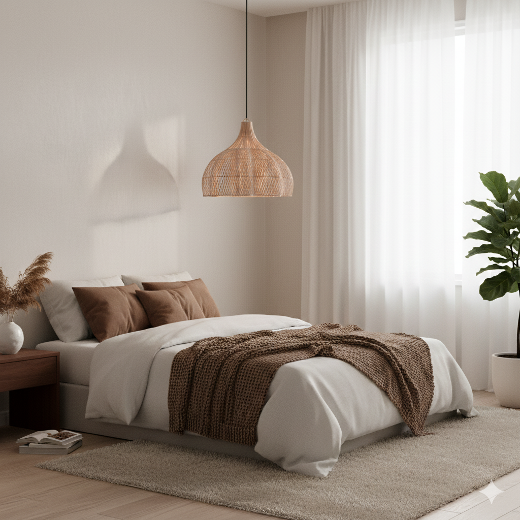 Modern bedroom with a bed, lamp, and decor elements.
