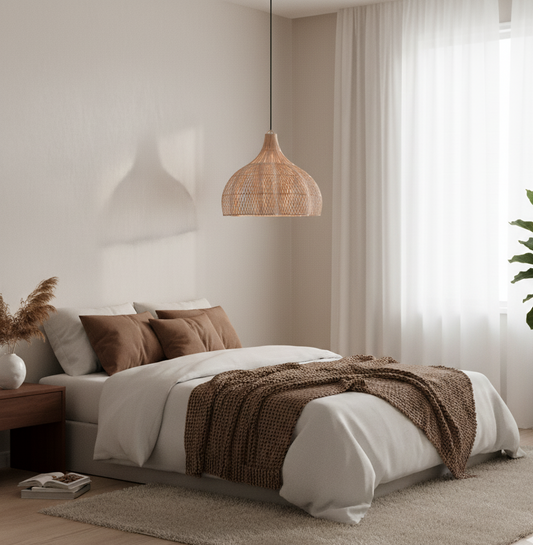 Modern bedroom with a bed, lamp, and decor elements.