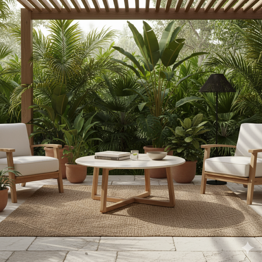 Outdoor patio with wooden furniture, table, and plants in a tropical setting