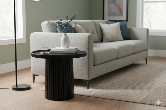 Gray sofa in a living room with a black side table and decorative items.