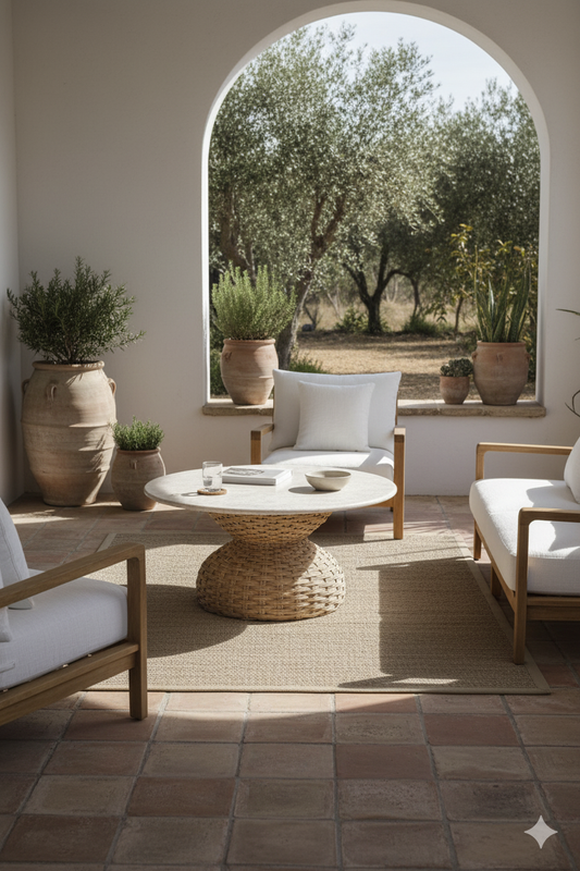 Outdoor patio with wooden furniture, wicker table, and potted plants.