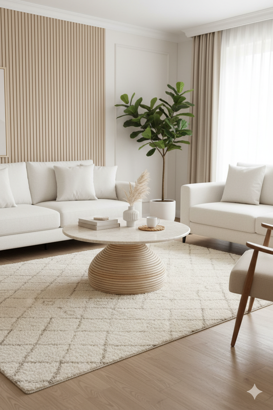 Modern living room with white sofas, a round coffee table, and decorative elements.