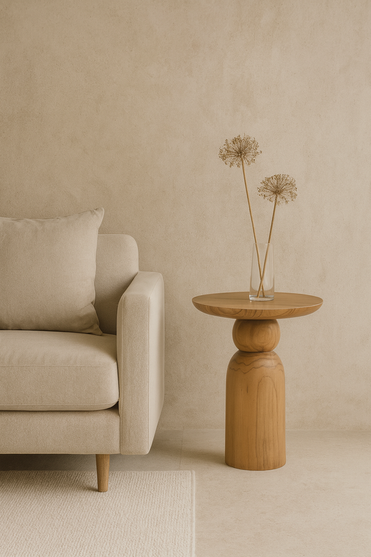Beige sofa and wooden side table with decorative elements in a minimalistic room.