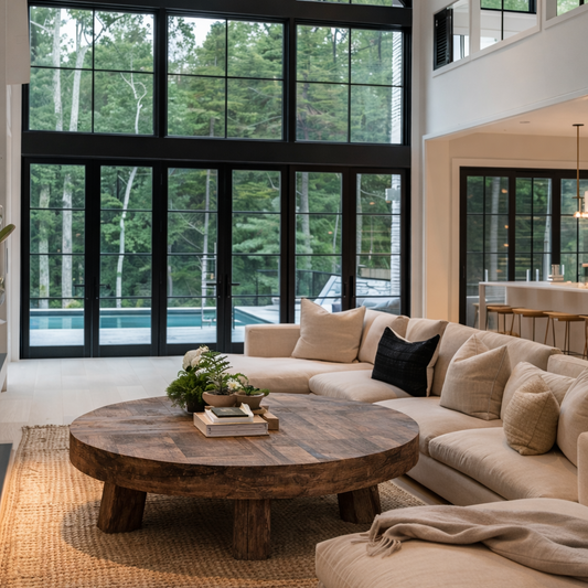 Modern living room with large windows, beige sofa, and wooden coffee table.