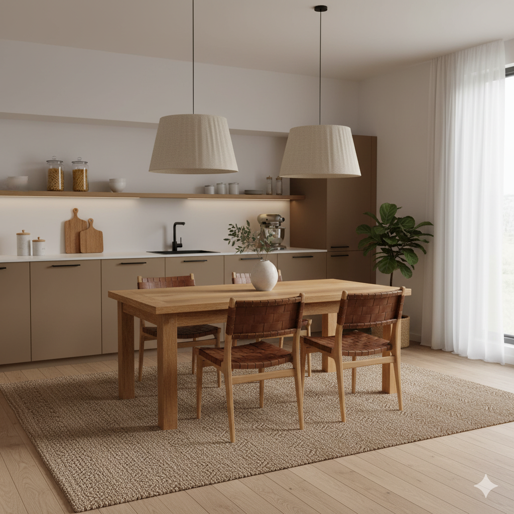Modern kitchen with wooden dining table and chairs, neutral color scheme.