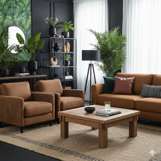 Modern living room with brown sofa, armchairs, and wooden coffee table.
