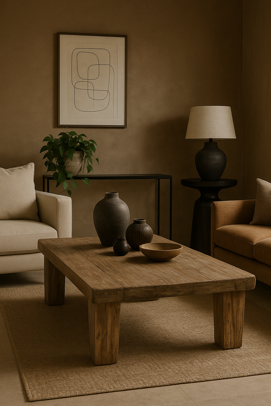 Cozy living room with wooden coffee table, armchairs, and decorative items.