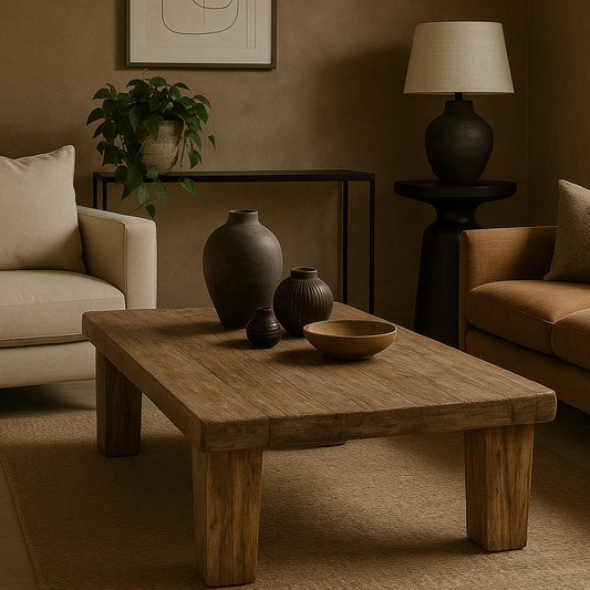 Cozy living room with wooden coffee table, armchairs, and decorative items.
