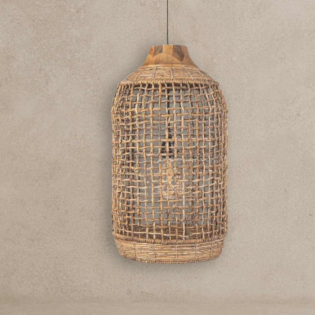 Serene Natural Banana Fiber Pendant Lamp with Natural Teak Wood Accents